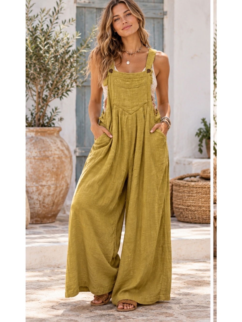 Free People Mustard Yellow Wide-Leg Boho Cottage Beachy Overalls Jumpsuit Medium